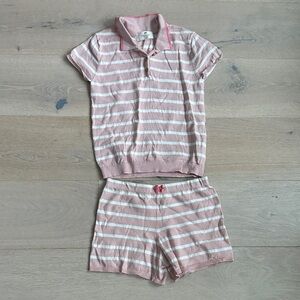 H&M girls 100% cotton knit Pink White Striped Polo Shirt and Shorts Set sz 6x /7
